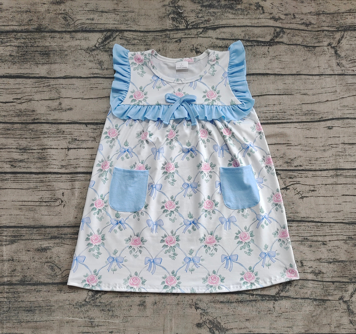 GSD2230 Baby Girls Sleeveless Blue Bows Floral Pockets Top Knee Length Dresses  D 4.17
