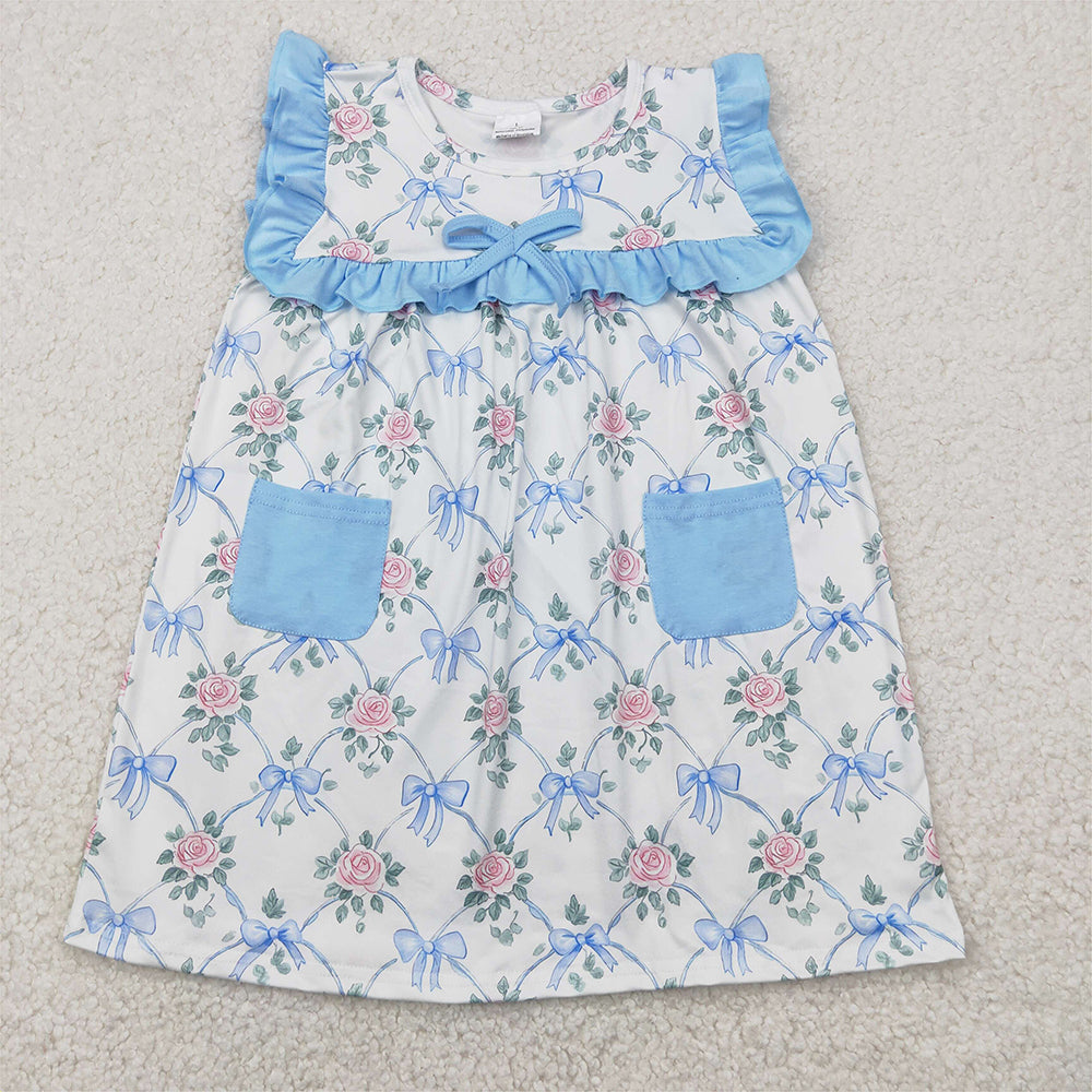GSD2230 Baby Girls Sleeveless Blue Bows Floral Pockets Top Knee Length Dresses  D 4.17