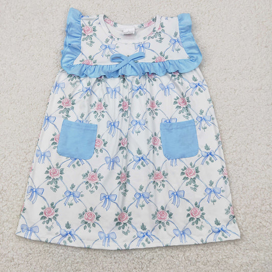 GSD2230 Baby Girls Sleeveless Blue Bows Floral Pockets Top Knee Length Dresses  D 4.17