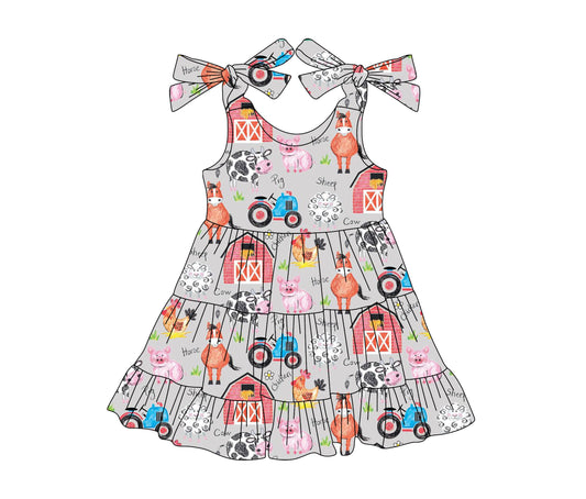 presale GSD2235 Baby Girls Gray Strap Trucks Houses Cows Farm Knee Length Dresses D 3.11