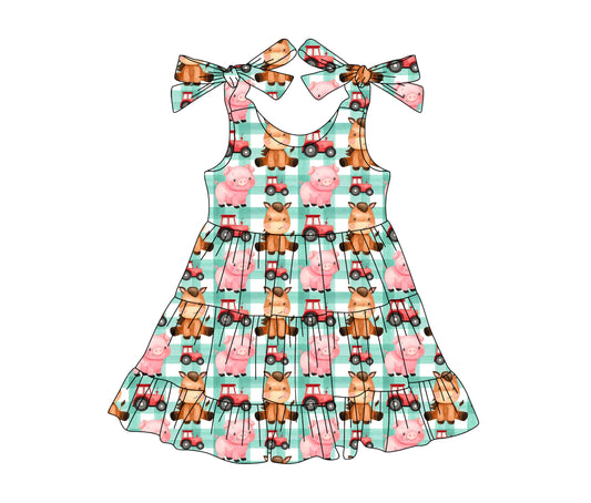 presale GSD2236 Baby Girls Green Plaid Strap Trucks Pigs Farm Knee Length Dresses D 3.11