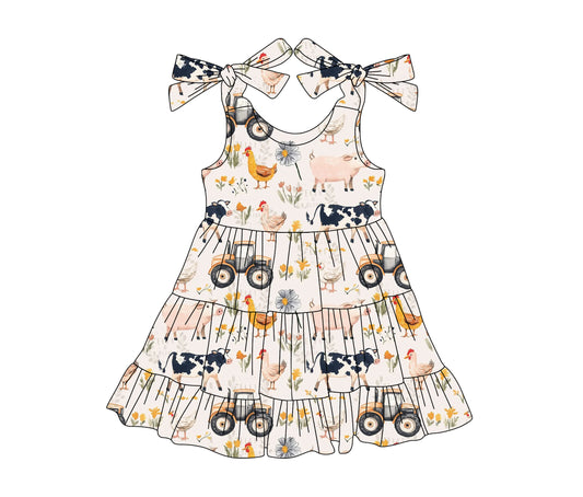 presale GSD2237 Baby Girls Pink Strap Trucks Chicks Cows Farm Knee Length Dresses D 3.11
