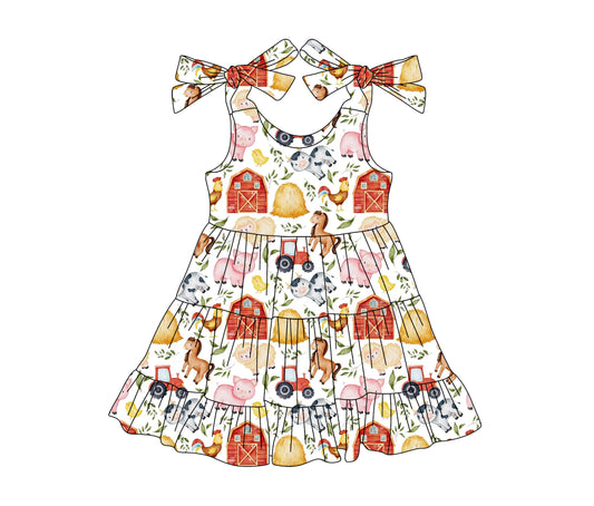 presale GSD2238 Baby Girls Red Strap Houses Pigs Cows Farm Knee Length Dresses D 3.11