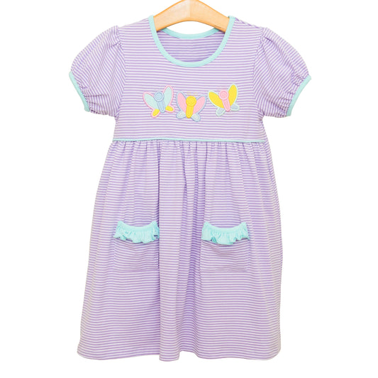 presale GSD2239 Baby Girls Lavender Short Ruffle Sleeves Stripe Butterfly Pockets Knee Length Dresses D 3.11