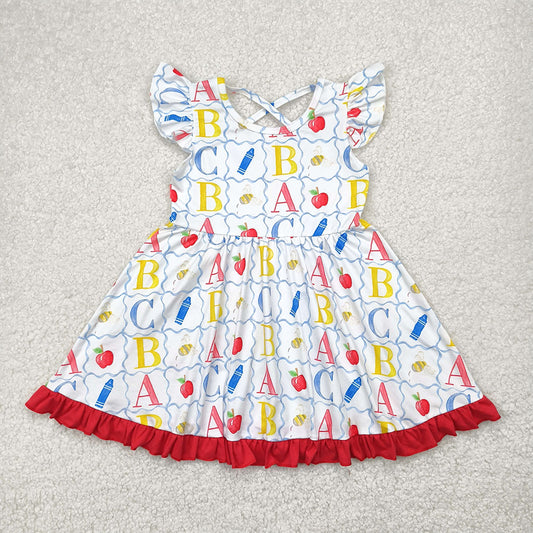 GSD2258 Apple ABC Print Girls Back to School Knee Length Dress D 4.8
