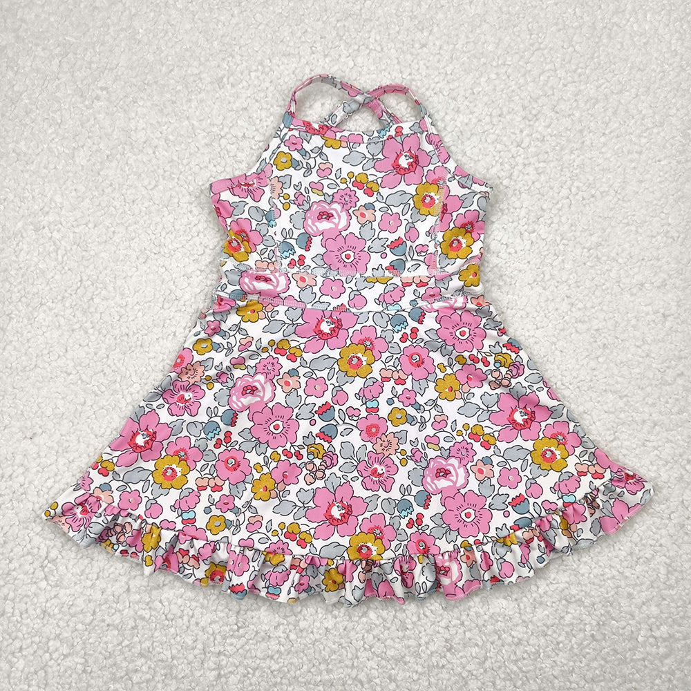 GSD2278  Baby Girls Pink Strap Floral Yoga Ruffle Knee Length Dresses  D 4.3