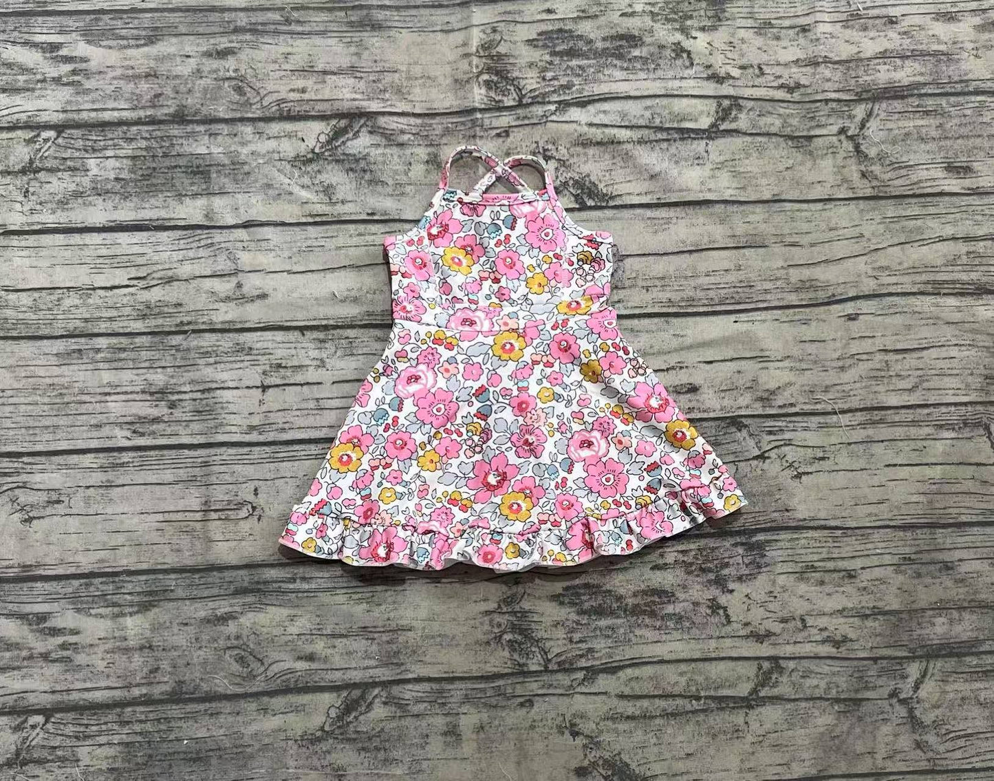 GSD2278  Baby Girls Pink Strap Floral Yoga Ruffle Knee Length Dresses  D 4.3