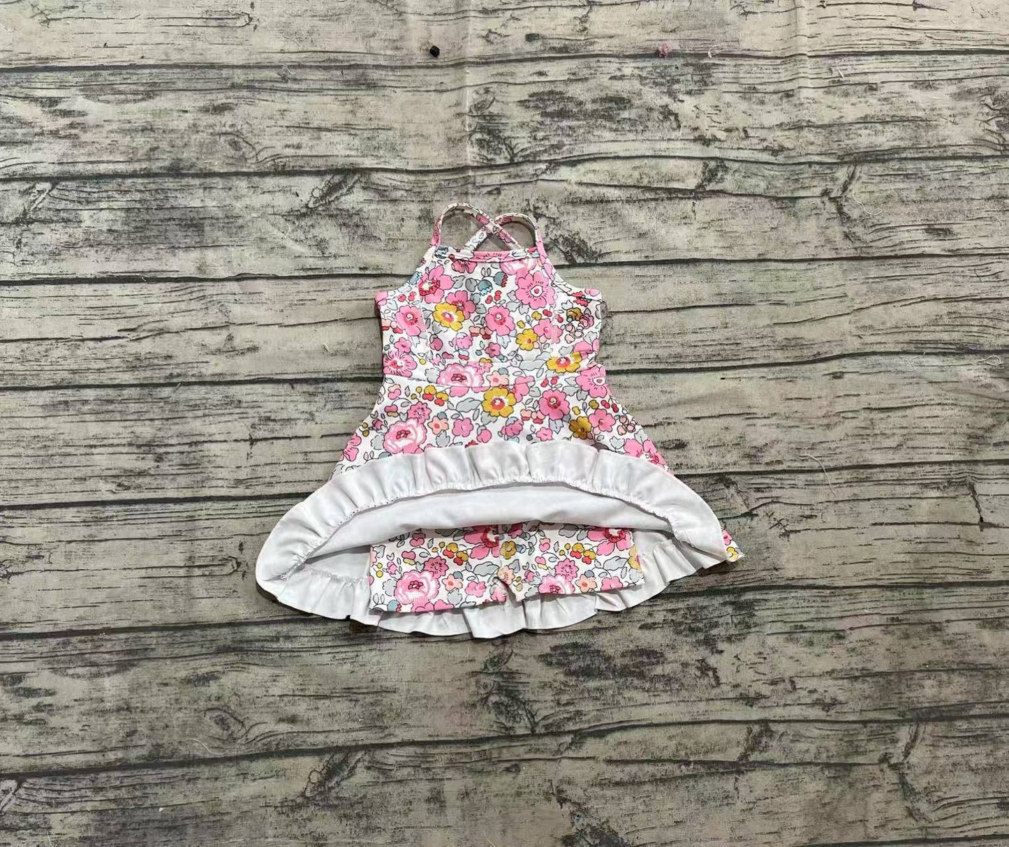 GSD2278  Baby Girls Pink Strap Floral Yoga Ruffle Knee Length Dresses  D 4.3