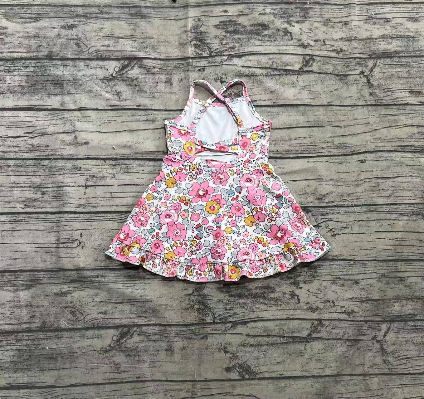 GSD2278  Baby Girls Pink Strap Floral Yoga Ruffle Knee Length Dresses  D 4.3