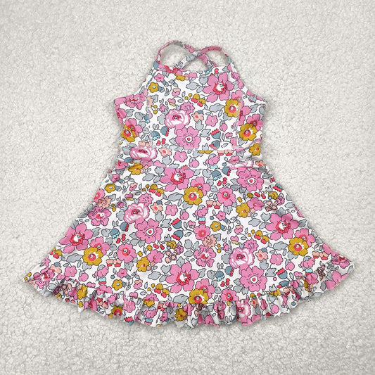 GSD2278 Baby Girls Pink Strap Floral Yoga Ruffle Knee Length Dresses D 4.3