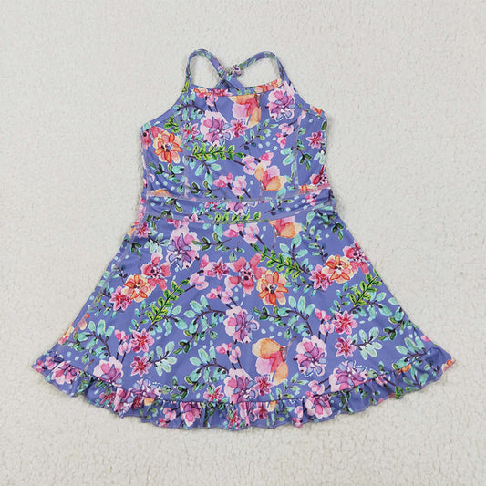 GSD2279 Baby Girls Purple Strap Floral Yoga Ruffle Knee Length Dresses  D 5.9