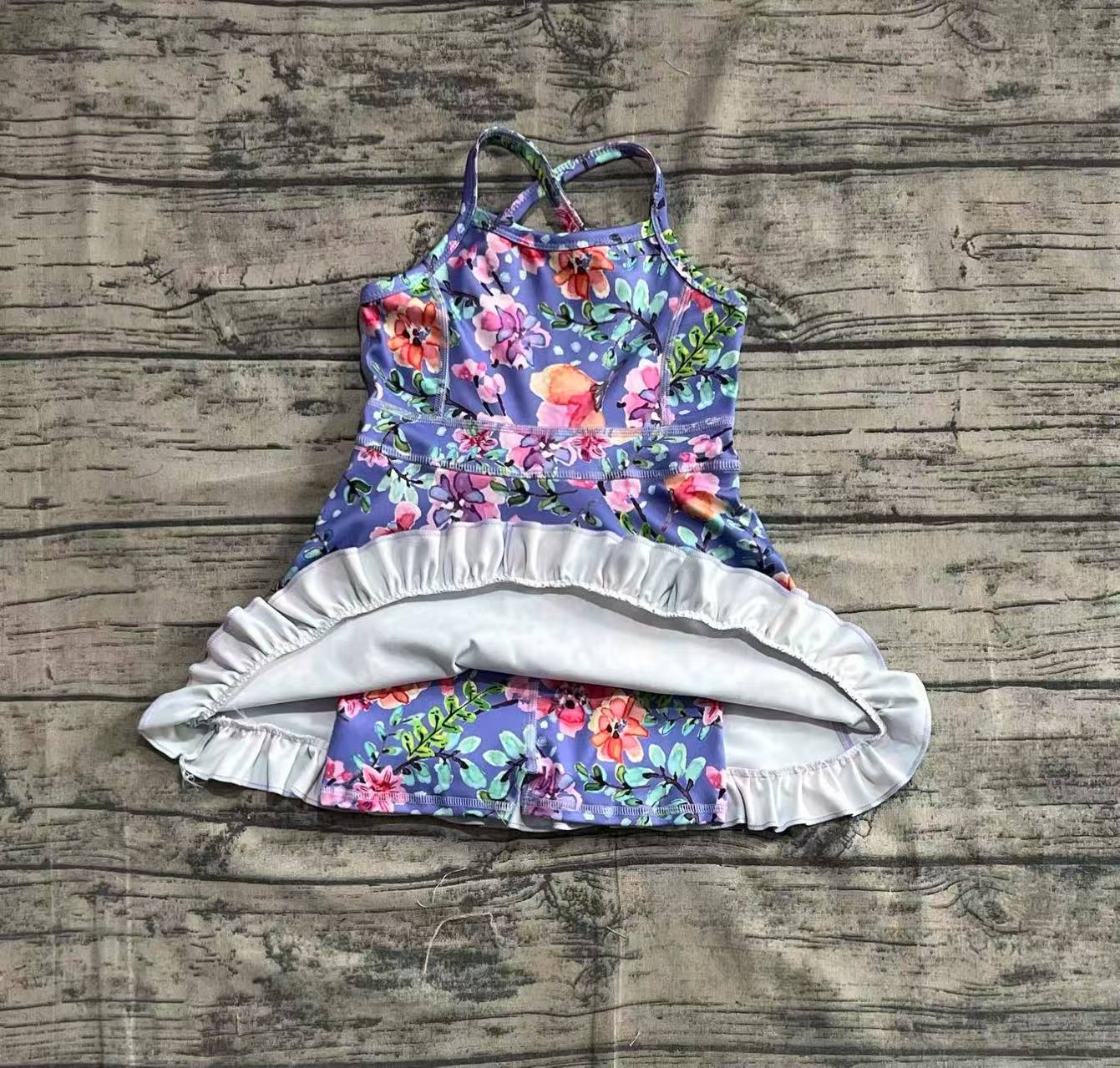 GSD2279 Baby Girls Purple Strap Floral Yoga Ruffle Knee Length Dresses  D 5.9