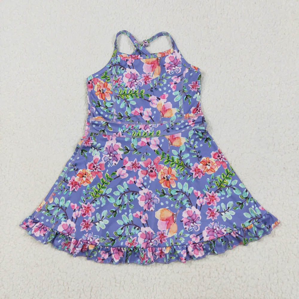 Sibling Baby Girls Strap Stripe Floral Butterfly Shorts Yoga Ruffle Knee Length Dresses D 7.7