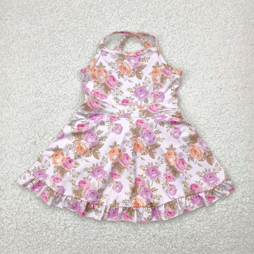 GSD2280 Pink Orange Flowers Print Girls Summer Knee Length Shorts Yoga  D 4.25