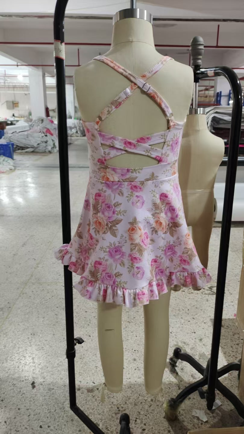 GSD2280 Pink Orange Flowers Print Girls Summer Knee Length Shorts Yoga  D 4.25