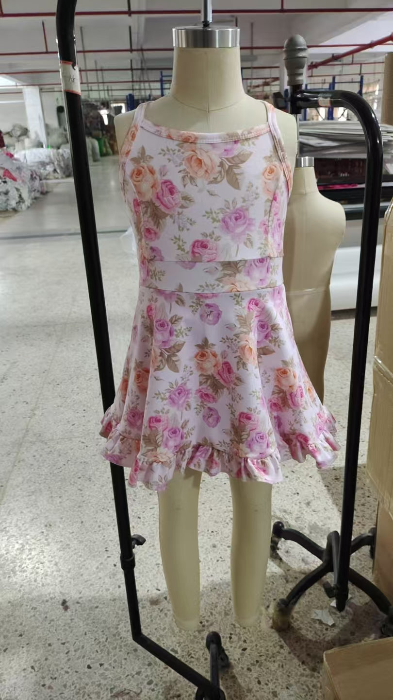 GSD2280 Pink Orange Flowers Print Girls Summer Knee Length Shorts Yoga  D 4.25