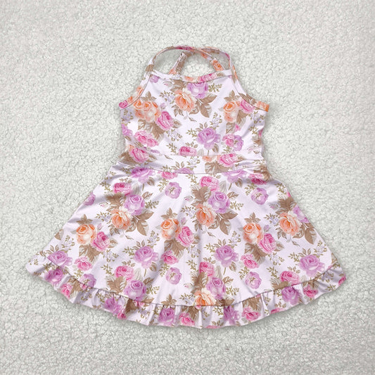 GSD2280 Pink Orange Flowers Print Girls Summer Knee Length Shorts Yoga  D 4.25