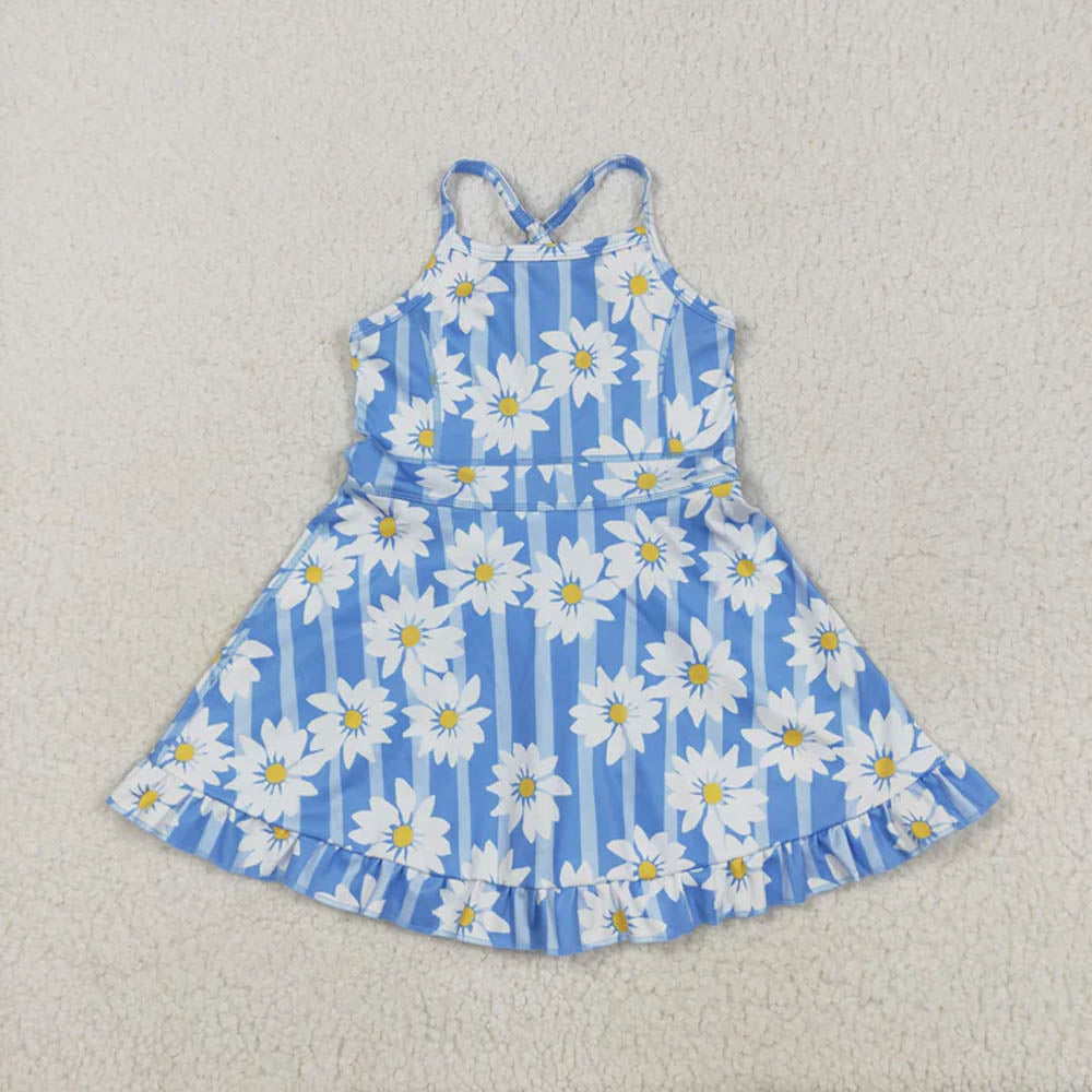 Sibling Baby Girls Strap Stripe Floral Butterfly Shorts Yoga Ruffle Knee Length Dresses D 7.7