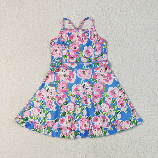 GSD2284 Baby Girls Blue Strap Colorful Floral Yoga Ruffle Knee Length Dresses   D 6.16