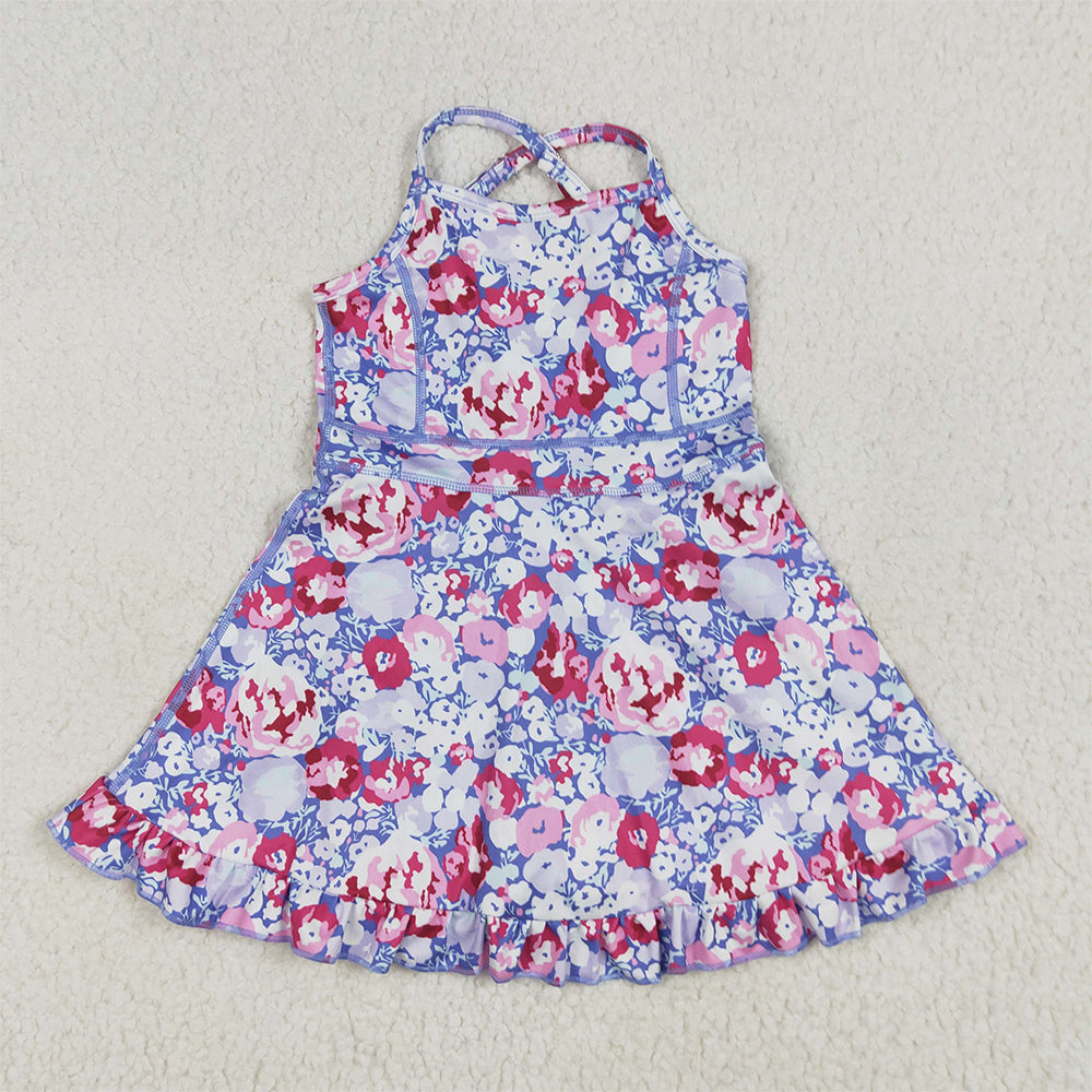 GSD2285 Baby Girls Lavender Strap Colorful Floral Yoga Ruffle Knee Length Dresses  D 5.14