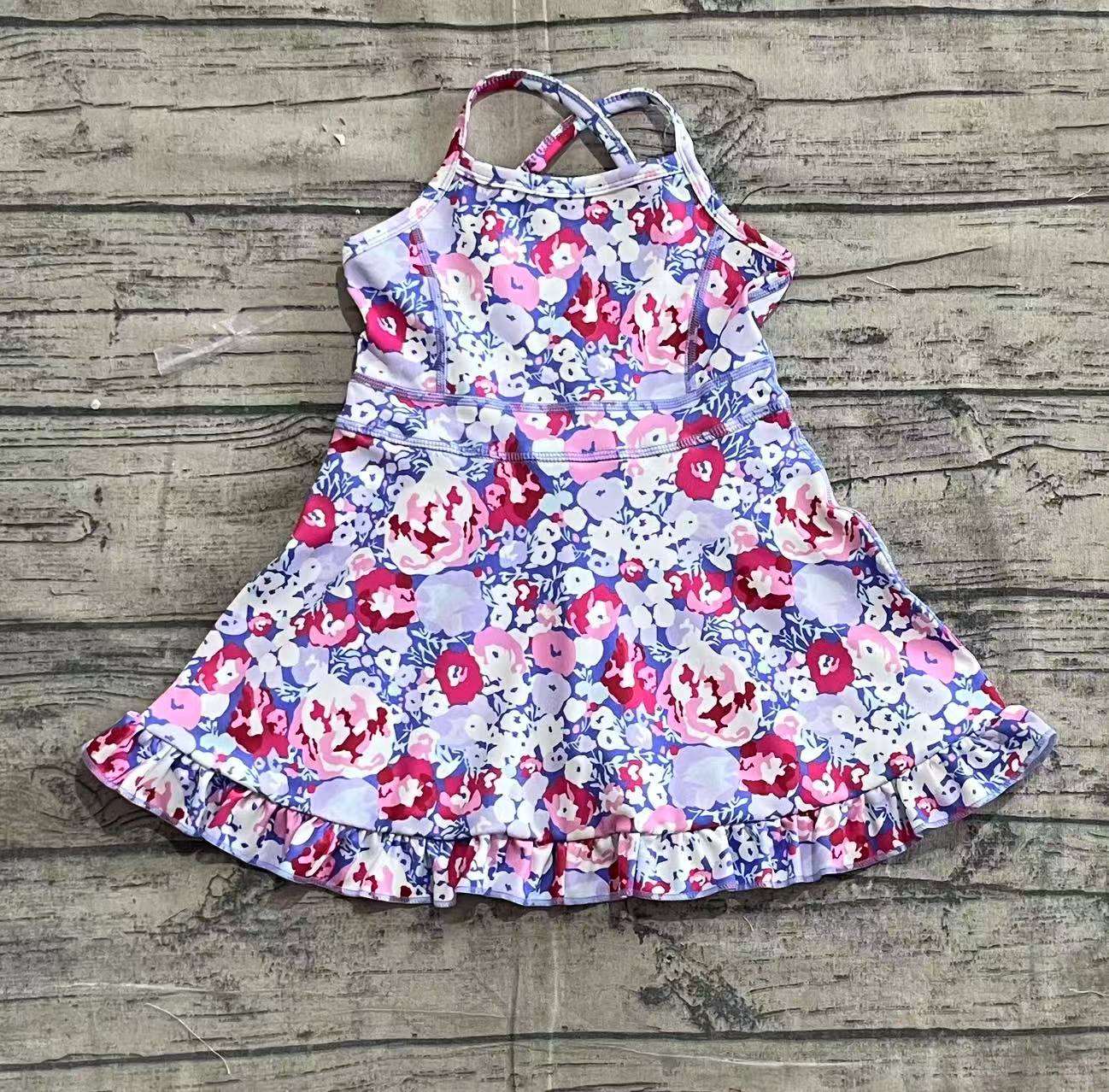 GSD2285 Baby Girls Lavender Strap Colorful Floral Yoga Ruffle Knee Length Dresses  D 5.14
