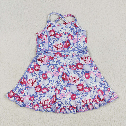 GSD2285 Baby Girls Lavender Strap Colorful Floral Yoga Ruffle Knee Length Dresses  D 5.14