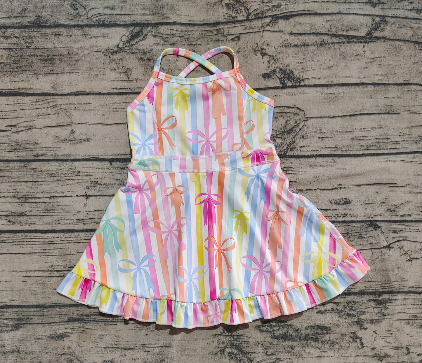 GSD2288  Baby Girls Strap Colorful Bows Stripe Yoga Ruffle Knee Length Dresses  D 4.16