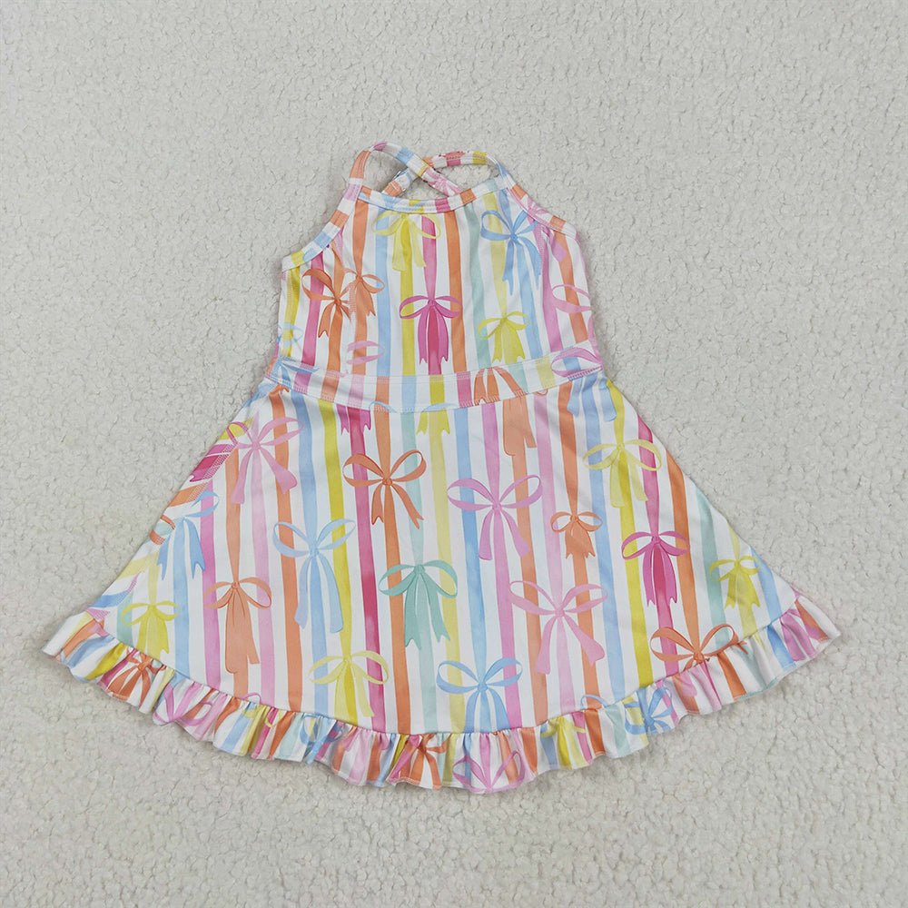 GSD2288  Baby Girls Strap Colorful Bows Stripe Yoga Ruffle Knee Length Dresses  D 4.16
