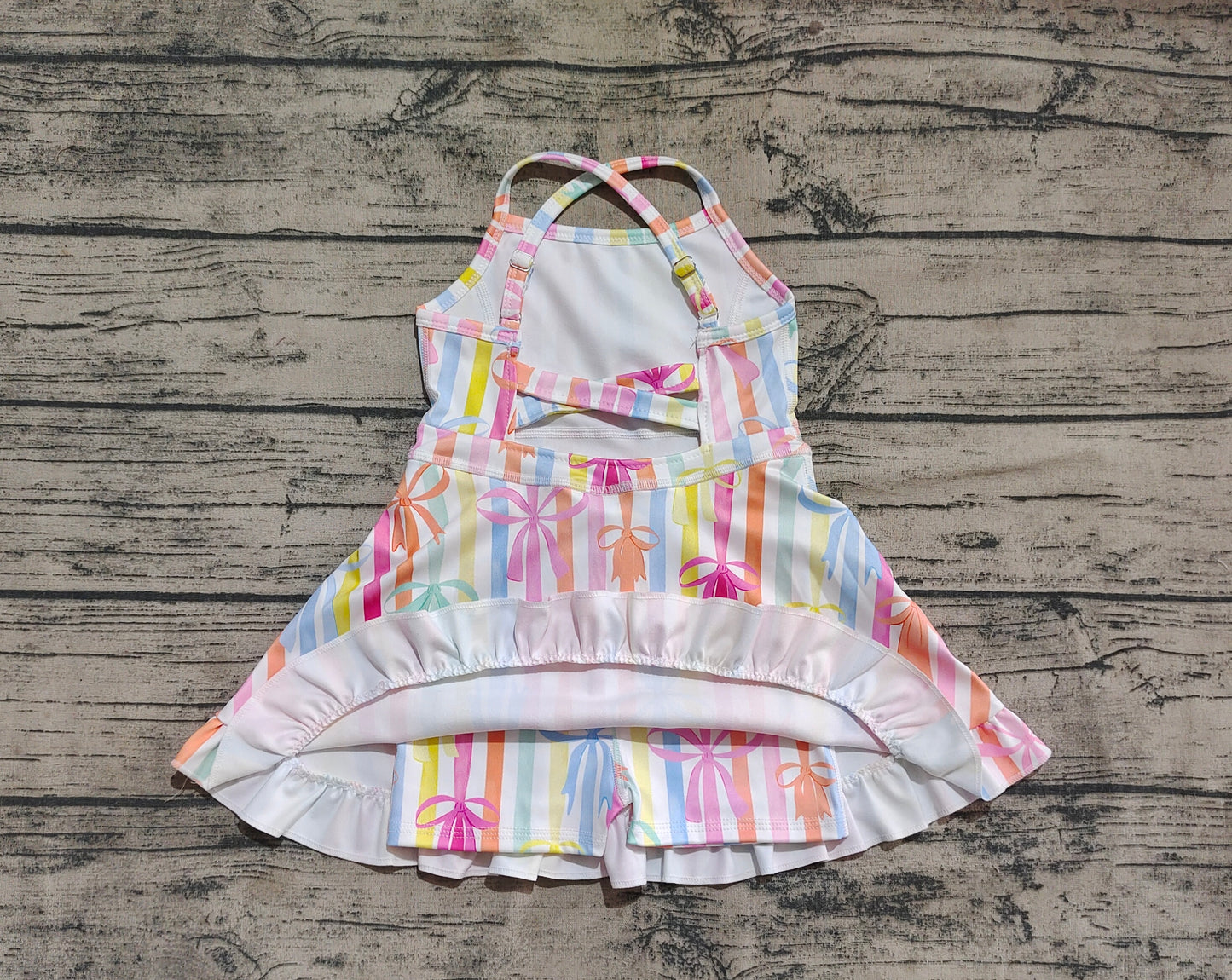 GSD2288  Baby Girls Strap Colorful Bows Stripe Yoga Ruffle Knee Length Dresses  D 4.16