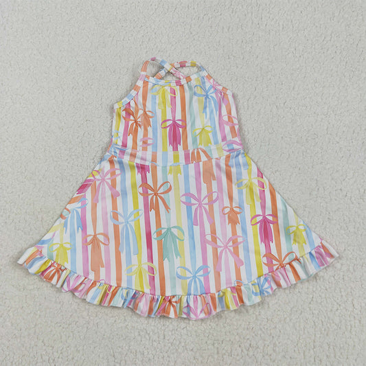 GSD2288 Baby Girls Strap Colorful Bows Stripe Yoga Ruffle Knee Length Dresses D 4.16