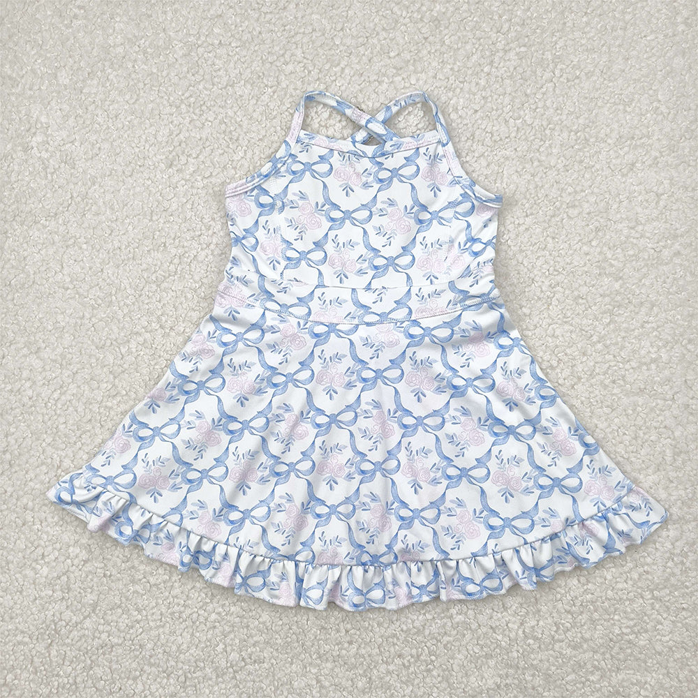 GSD2290 Baby Girls Strap Blue Bows Floral Yoga Ruffle Knee Length Dresses