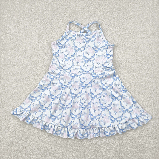 GSD2290 Baby Girls Strap Blue Bows Floral Yoga Ruffle Knee Length Dresses