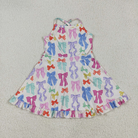 GSD2291 Baby Girls Strap Colorful Bows Yoga Ruffle Knee Length Dresses D 4.16