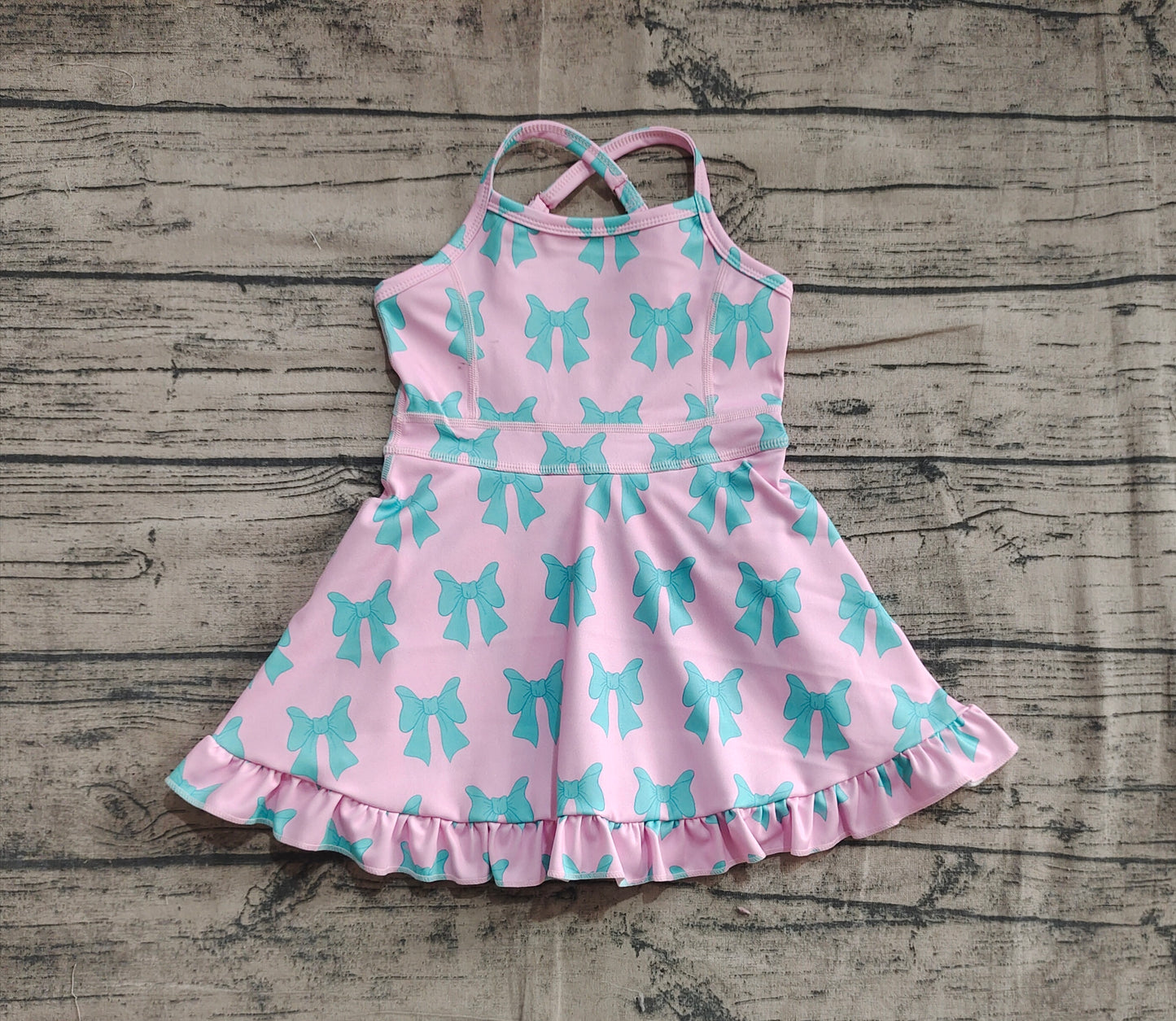 GSD2293 Baby Girls Pink Strap Green Bows Yoga Ruffle Knee Length Dresses  D 5.22