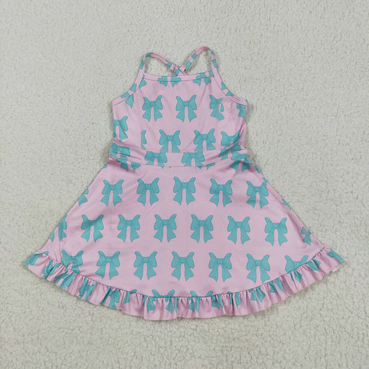 GSD2293 Baby Girls Pink Strap Green Bows Yoga Ruffle Knee Length Dresses  D 5.22