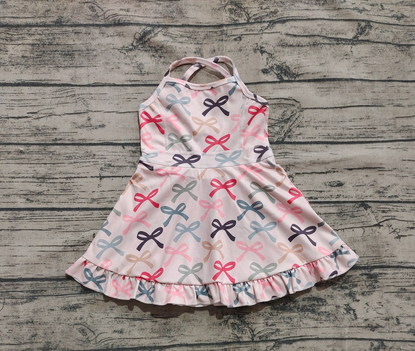 GSD2296 Baby Girls Peach Strap Colorful Bows Yoga Ruffle Knee Length Dresses  D 4.21