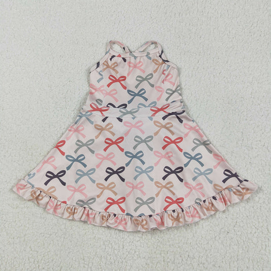 GSD2296 Baby Girls Peach Strap Colorful Bows Yoga Ruffle Knee Length Dresses D 4.21