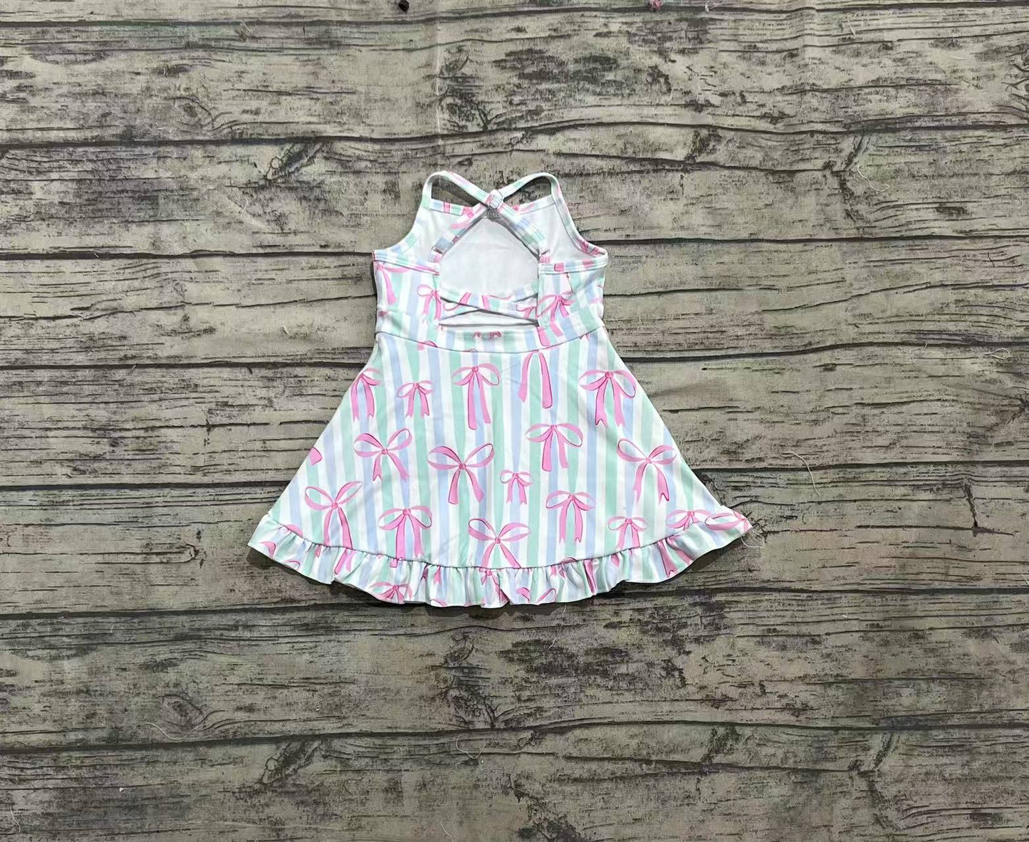 GSD2297   Baby Girls Strap Green Bow Stripe Pink Bows Yoga Ruffle Knee Length Dresses D 4.3