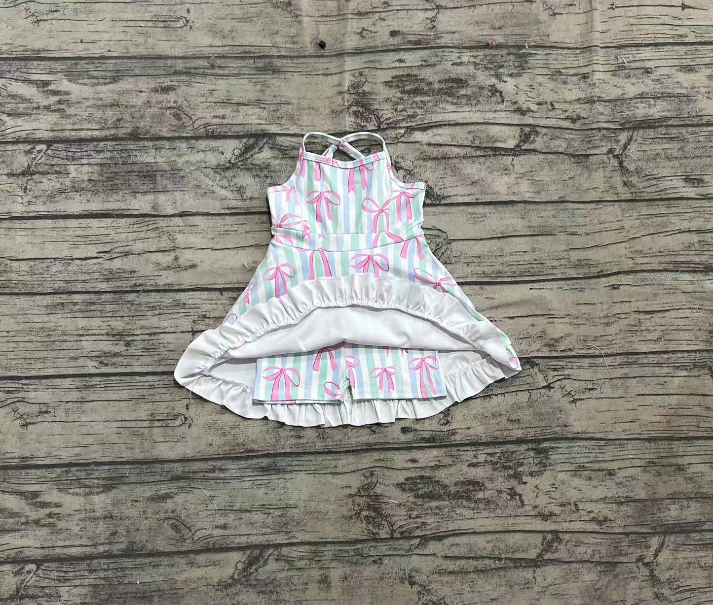 GSD2297   Baby Girls Strap Green Bow Stripe Pink Bows Yoga Ruffle Knee Length Dresses D 4.3