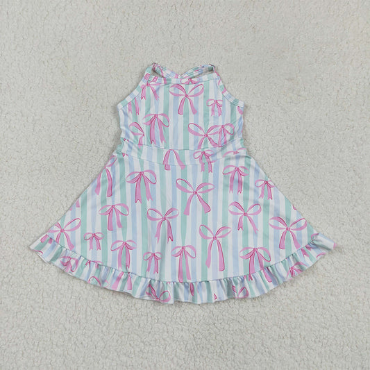 GSD2297 Baby Girls Strap Green Bow Stripe Pink Bows Yoga Ruffle Knee Length Dresses D 4.3