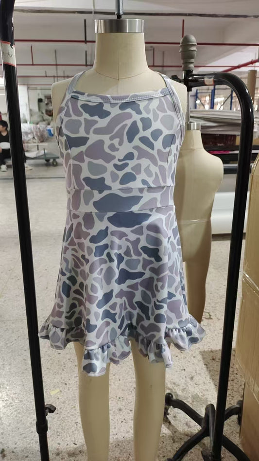 presale GSD2308 Baby Girls Strap Gray Camo Yoga Ruffle Knee Length Dresses  D 4.3