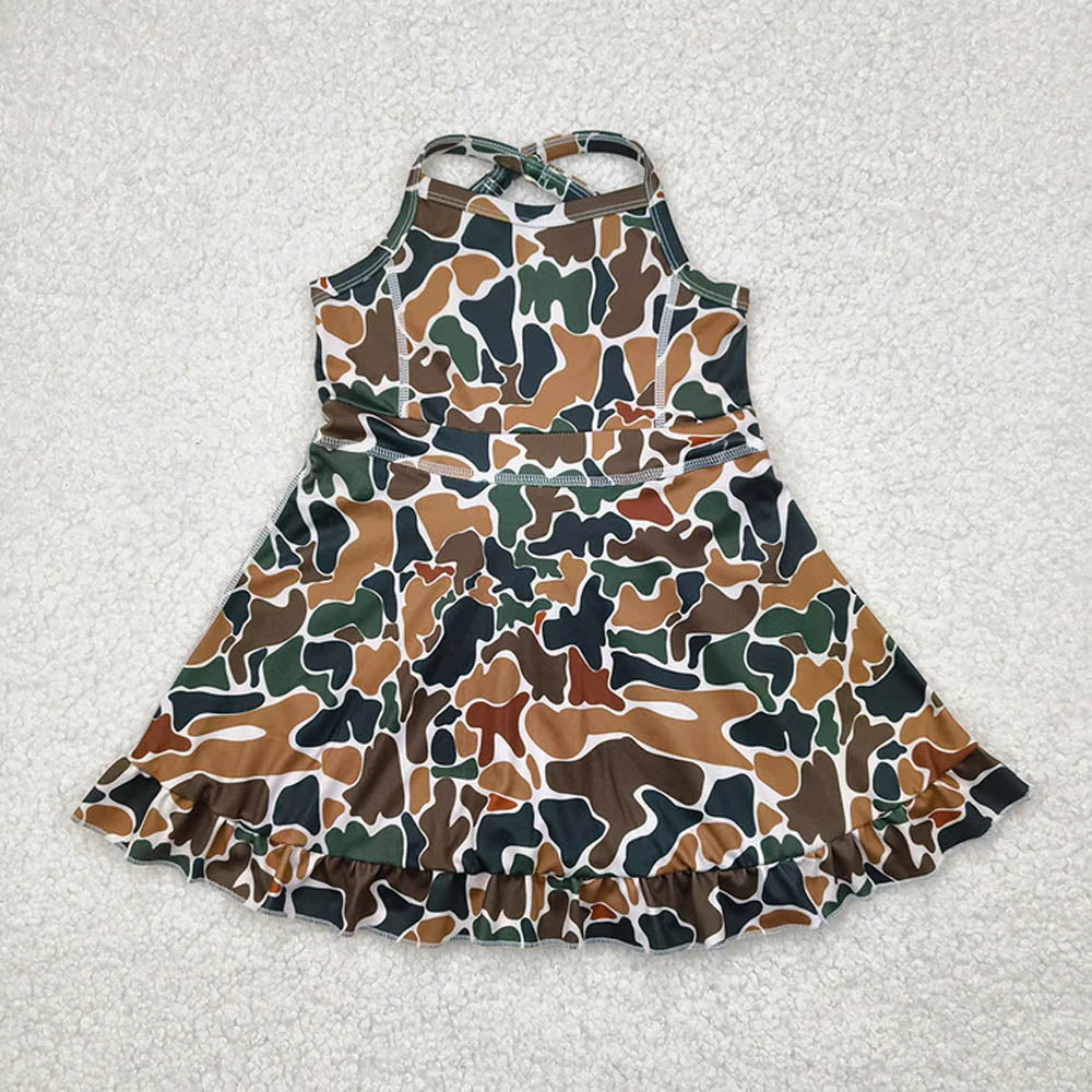 Sibling 6 colors Baby Girls Strap Camo Yoga Ruffle Knee Length Dresses  D 7.8