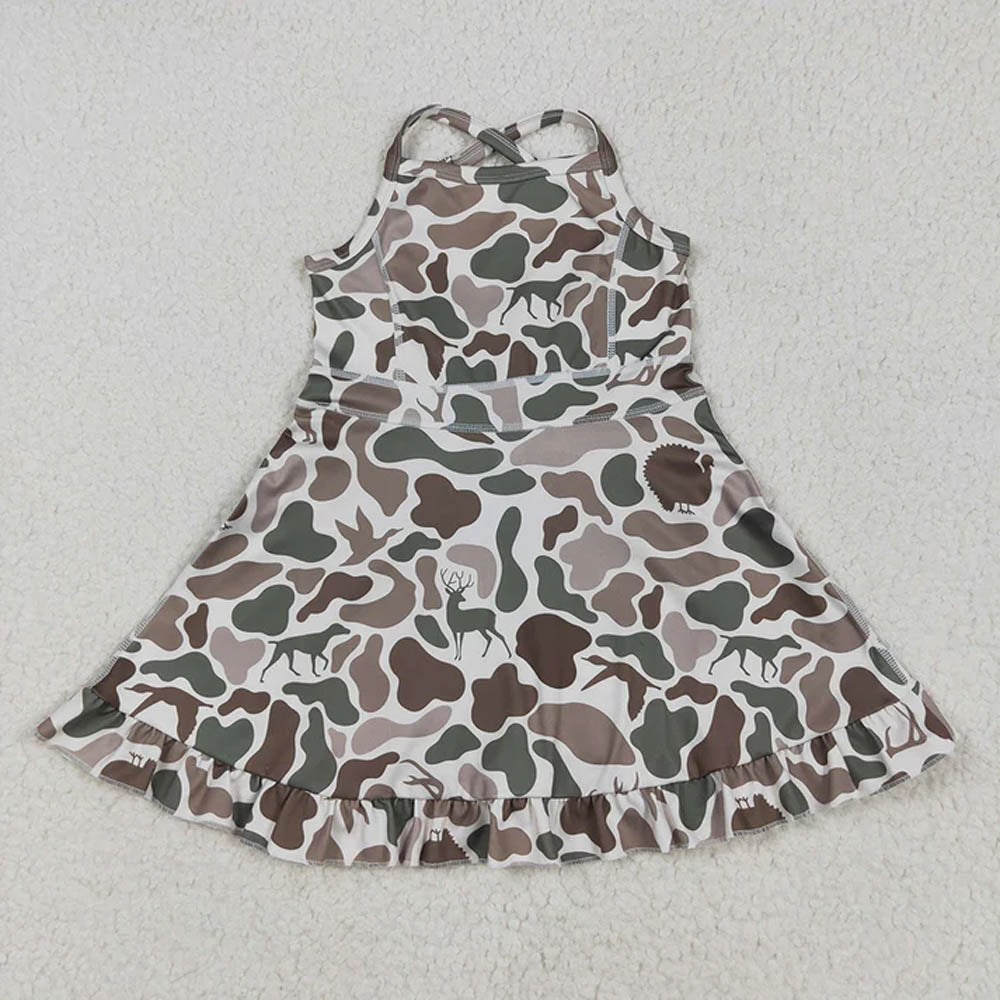 Sibling 6 colors Baby Girls Strap Camo Yoga Ruffle Knee Length Dresses  D 7.8