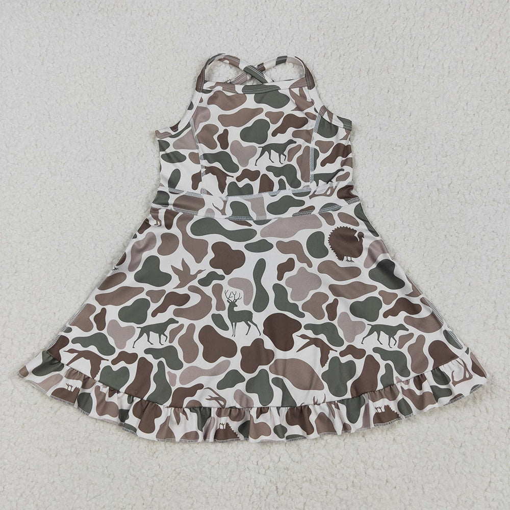 GSD2311 Baby Girls Strap Green Deer Dogs Ducks Camo Yoga Ruffle Knee Length Dresses  D 4.3