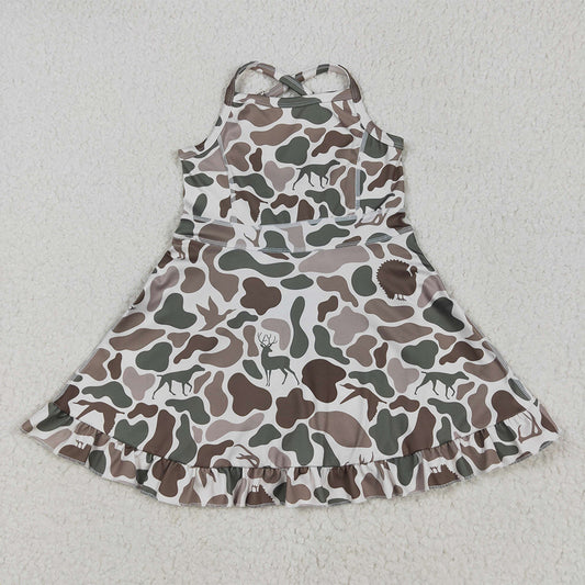 GSD2311 Baby Girls Strap Green Deer Dogs Ducks Camo Yoga Ruffle Knee Length Dresses  D 4.3