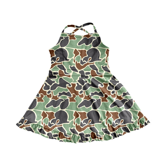 presale GSD2313  Baby Girls Strap Green Camo Yoga Ruffle Knee Length Dresses   D 3.20