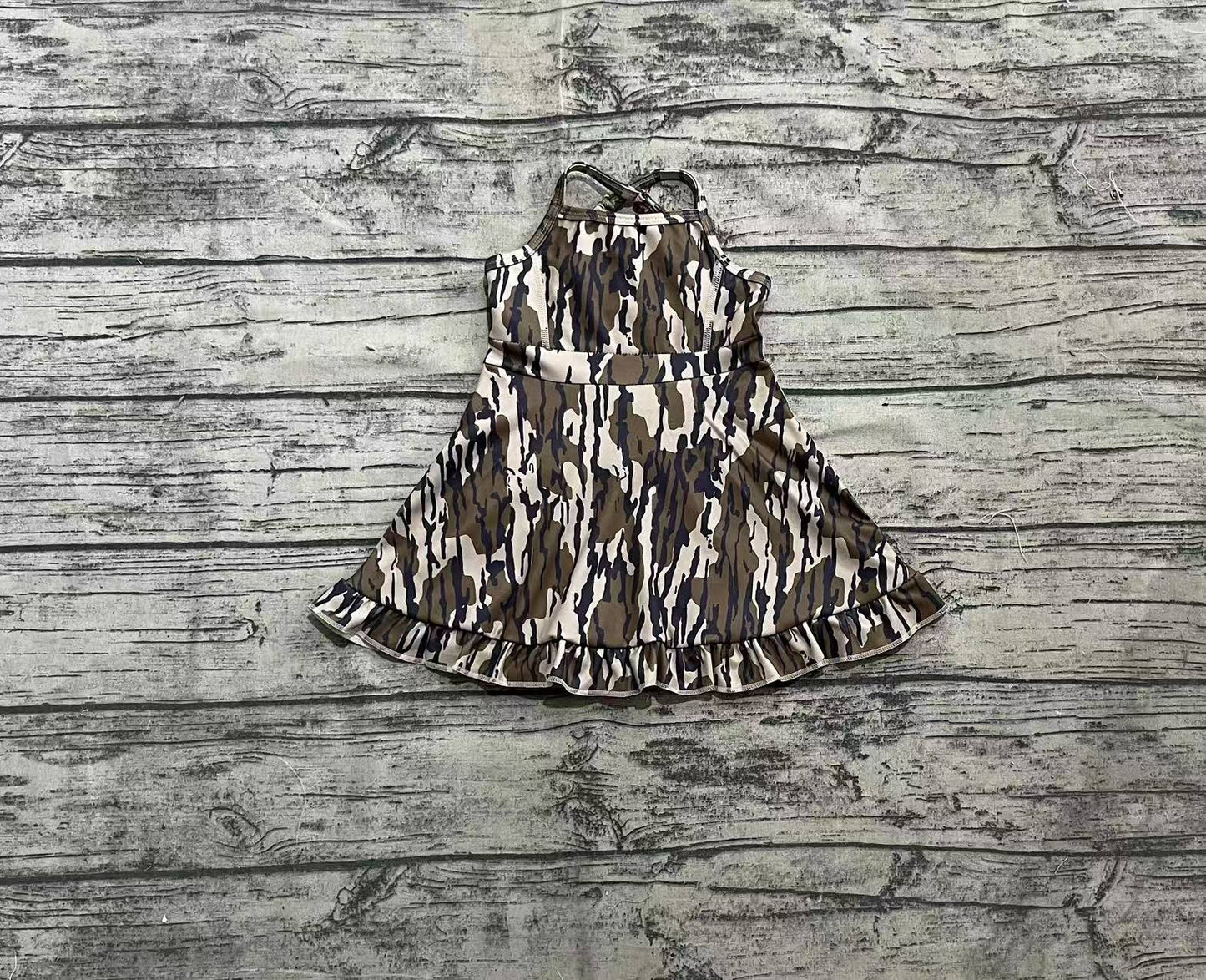 GSD2314  Baby Girls Strap Olive Bottomland Camo Yoga Ruffle Knee Length Dresses  D 8.4