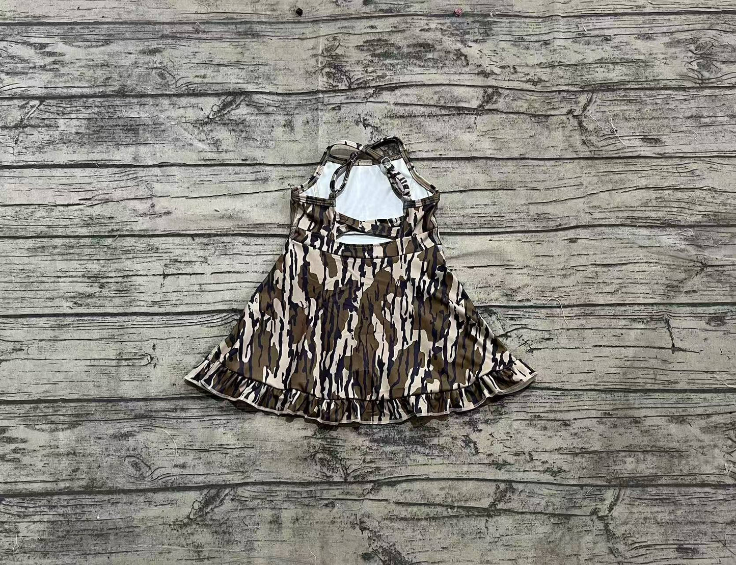 GSD2314  Baby Girls Strap Olive Bottomland Camo Yoga Ruffle Knee Length Dresses  D 8.4