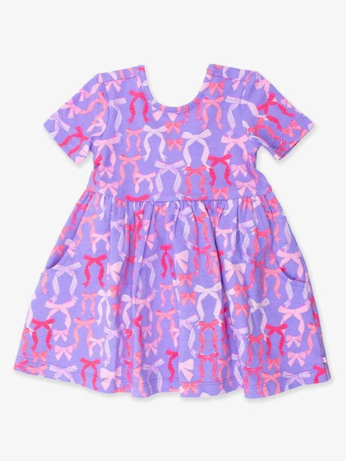 presale GSD2318  Baby Girls Purple Short Sleeves Colorful Bows Knee Length Dresses  D 3.20