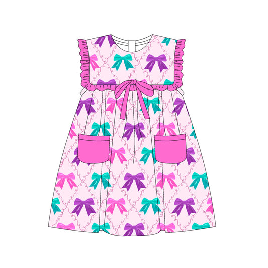 presale GSD2320 Baby Girls Colorful Bows Pockets Knee Length Dresses  D 3.20